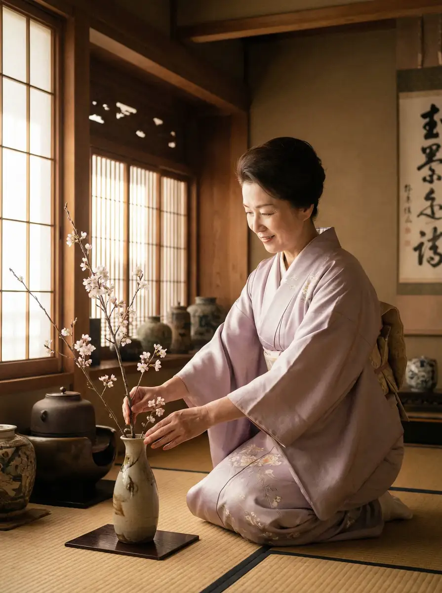 一位优雅的 苹果体育app 在和室中插花